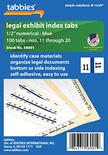 Tabbies Legal Numerical Exhibit Index Tabs #11-20, Blue Color Edge, 1/2" Tabs, 100 Tabs/Pack (58001) (58001) - Image 5