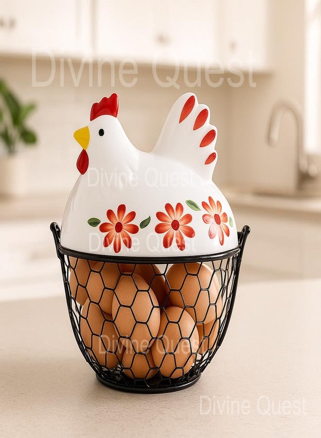 Divine Quest سلة بيض على شكل دجاجة بغطاء سيراميك، حامل بيض سلكي ريفي لسطح المطبخ، صندوق تخزين بيض ريفي عتيق، حاوية بيض مزخرفة على شكل ديك تتسع لـ 12 بيضة، ديكور مطبخ لطيف - Image 4