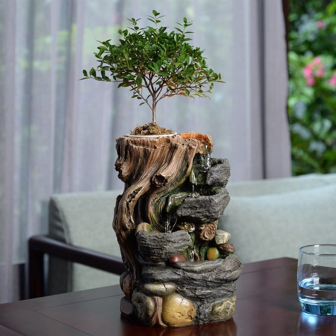 INDOOR FOUNTAIN DECORATIVE 5TIER ROCKERY TABLETOP FOUNTAINS WITH A SMALL PLASTIC POT TO GROW THE PLANT BY YOURSELFAUTO WATERING22021