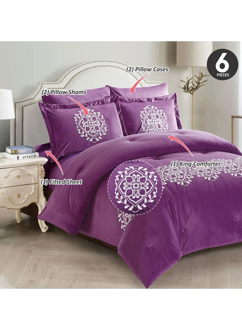 Donetella Comforter Set 6 Piece Double Size Designer Bedding Set Applique Embroidered With Microfiber Down Alternative Filling, Purple/White