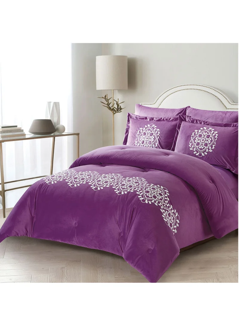 Donetella Comforter Set 6 Piece Double Size Designer Bedding Set Applique Embroidered With Microfiber Down Alternative Filling, Purple/White