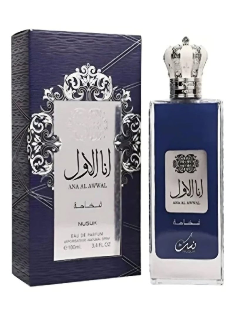 Ana Al Awwal Fakhama is a fragrance from the Nusuk brand. It comes in a 100ml blue bottle with an Eau de Parfum concentration. The design features a unique silver crown-shaped cap adorned with gemstones. It is classified as an oriental fragrance that combines refreshing citrus notes with warm, spicy accords.