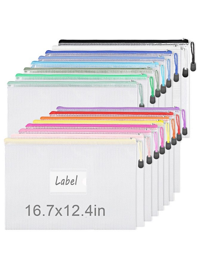 EOOUT 16Pcs 16.7X12.4Inch Mesh Zipper Pouch A3 Zipper Bags Board Game Storage With Labels, Plastic Zip File Folders In 16 Colors, Zipper Bags For Organizing School Document Puzzles Office Supplies  - Image 1