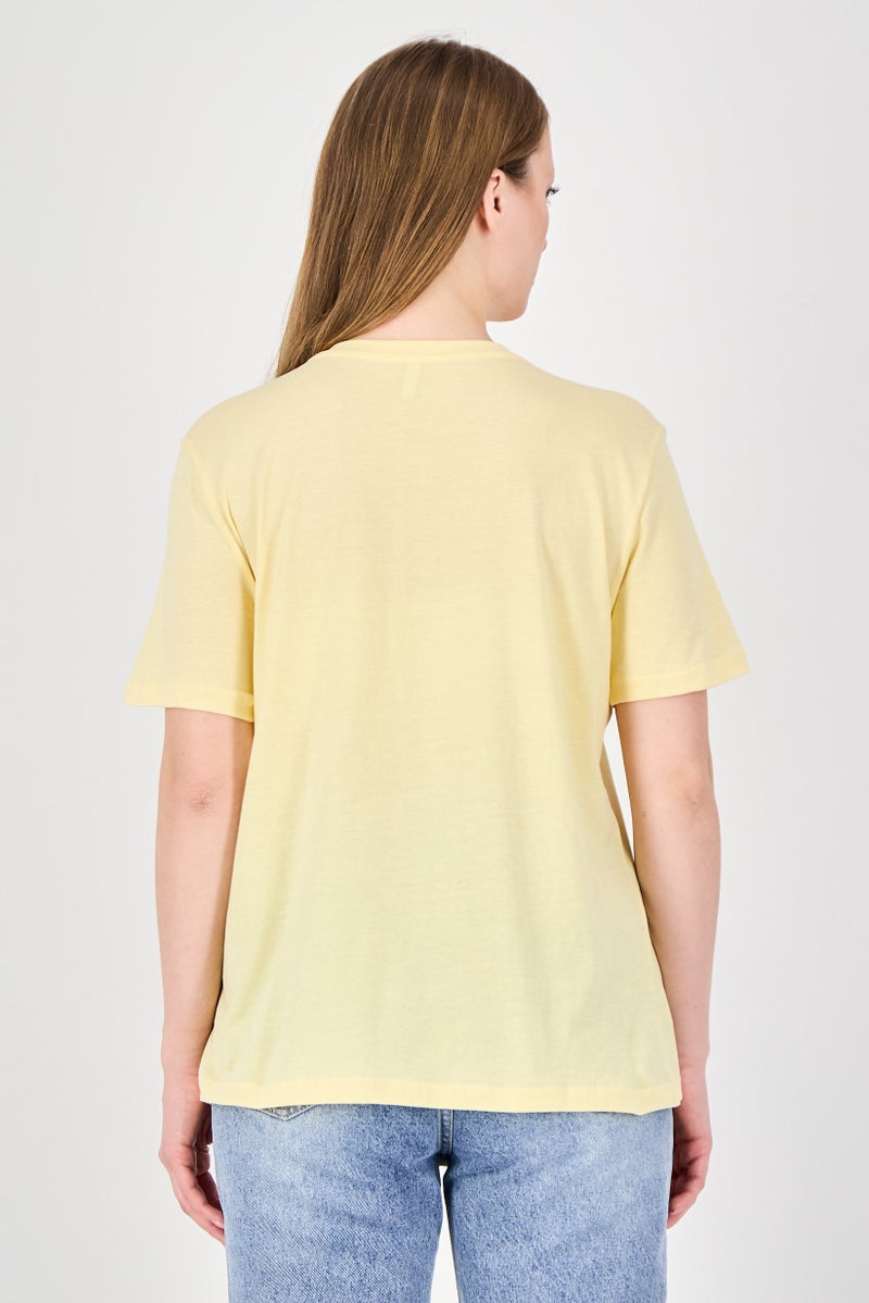 ONLY Women Crew Neck Graphic Print Short Sleeve Top, Yellow - Image 3