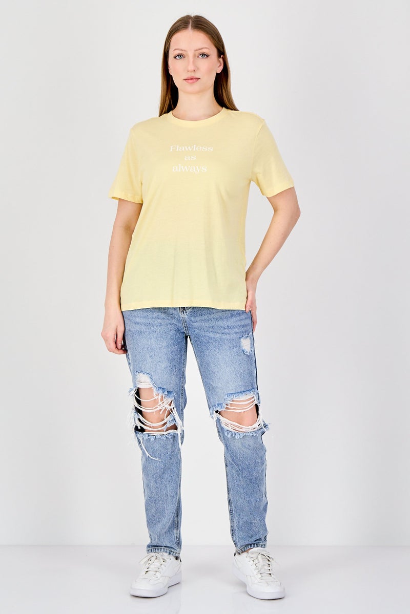 ONLY Women Crew Neck Graphic Print Short Sleeve Top, Yellow - Image 2