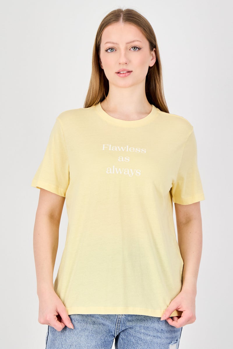 ONLY Women Crew Neck Graphic Print Short Sleeve Top, Yellow - Image 1