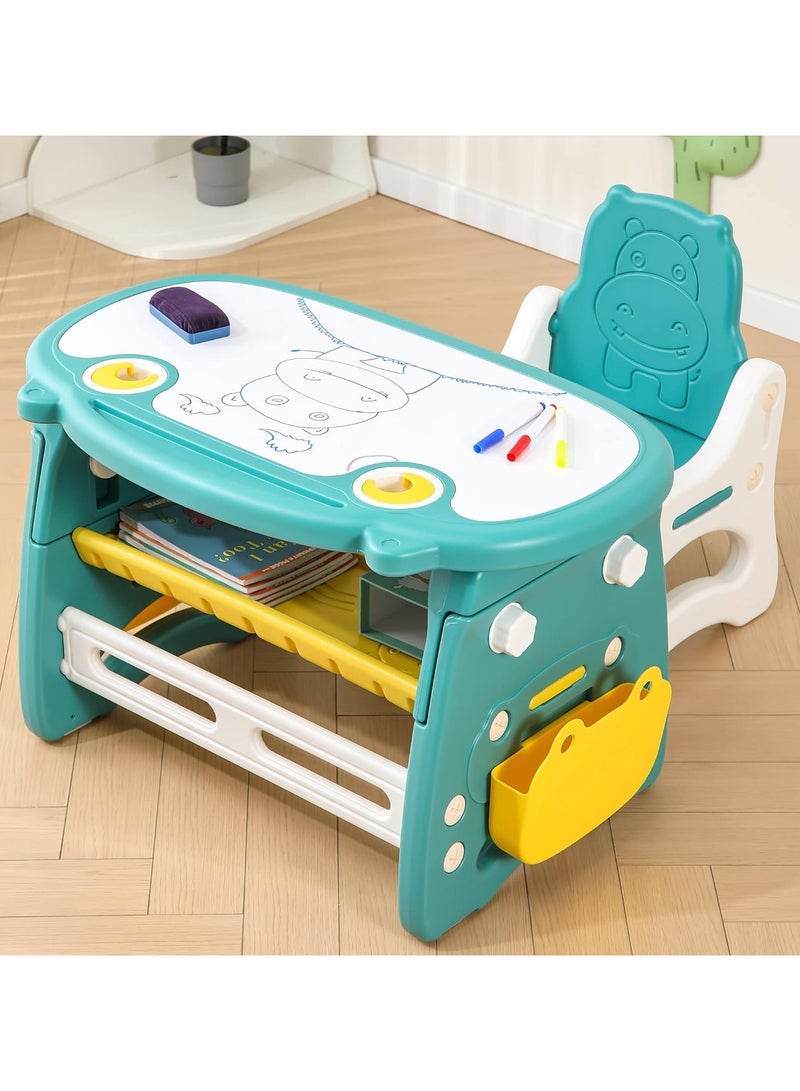 XICEN Kids Table and Chair Set, The Table Can Be Graffiti and The Height Can Be Raised and Lowered, for Children Age 3-8,  Includes Watercolor Pen and Blackboard Eraser,  as kids study desk,  painting desk, kids dinning desk - Image 1