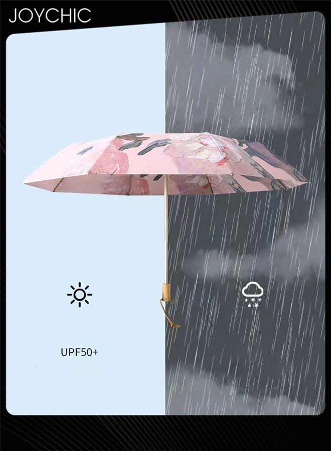 Joychic Women Fashion Floral Printing Anti-UV Sun Parasol Rain Proof Tri-fold Umbrella with Wooden Handle Multicolor  - Image 1
