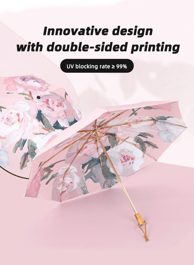 Joychic Women Fashion Floral Printing Anti-UV Sun Parasol Rain Proof Tri-fold Umbrella with Wooden Handle Multicolor  - Image 2