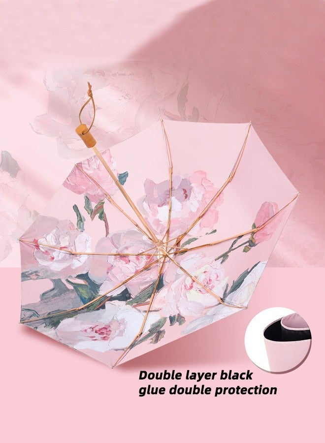 Joychic Women Fashion Floral Printing Anti-UV Sun Parasol Rain Proof Tri-fold Umbrella with Wooden Handle Multicolor  - Image 5
