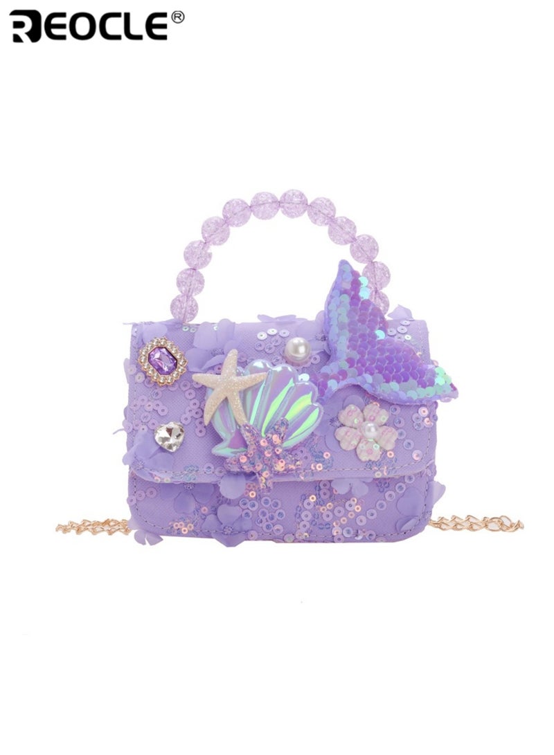 ريوكل حقيبة يد صغيرة للأطفال بتزيين ترتر وزينة بحرية حقيبة صدر عارضة للخروج حقيبة كتف صغيرة بمقبض خرز زخرفي - Image 1