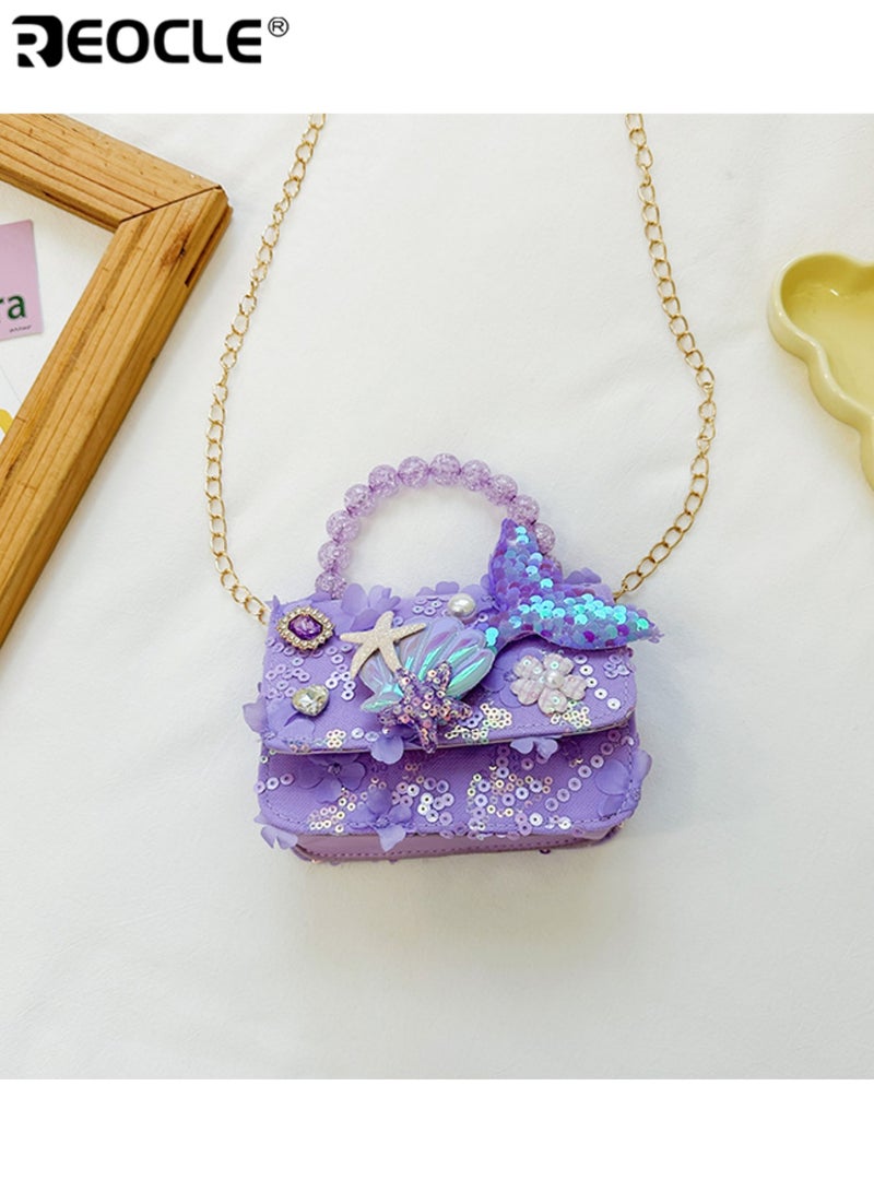 ريوكل حقيبة يد صغيرة للأطفال بتزيين ترتر وزينة بحرية حقيبة صدر عارضة للخروج حقيبة كتف صغيرة بمقبض خرز زخرفي - Image 4