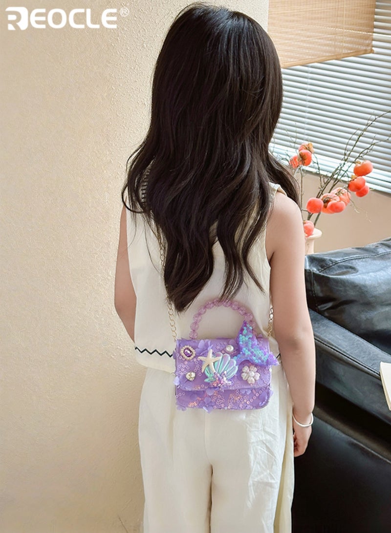 ريوكل حقيبة يد صغيرة للأطفال بتزيين ترتر وزينة بحرية حقيبة صدر عارضة للخروج حقيبة كتف صغيرة بمقبض خرز زخرفي - Image 2