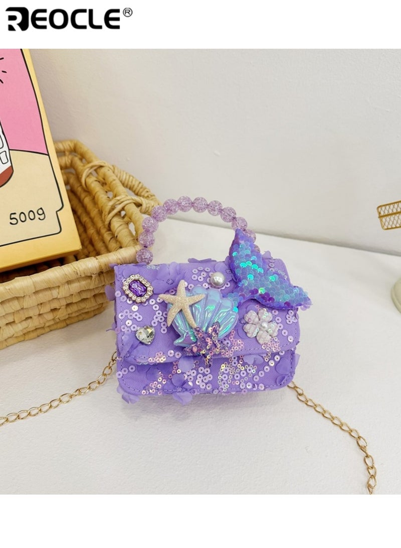 ريوكل حقيبة يد صغيرة للأطفال بتزيين ترتر وزينة بحرية حقيبة صدر عارضة للخروج حقيبة كتف صغيرة بمقبض خرز زخرفي - Image 5