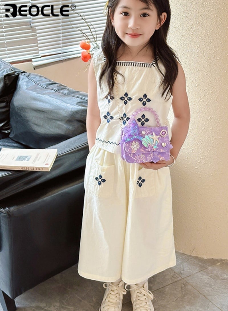 ريوكل حقيبة يد صغيرة للأطفال بتزيين ترتر وزينة بحرية حقيبة صدر عارضة للخروج حقيبة كتف صغيرة بمقبض خرز زخرفي - Image 3