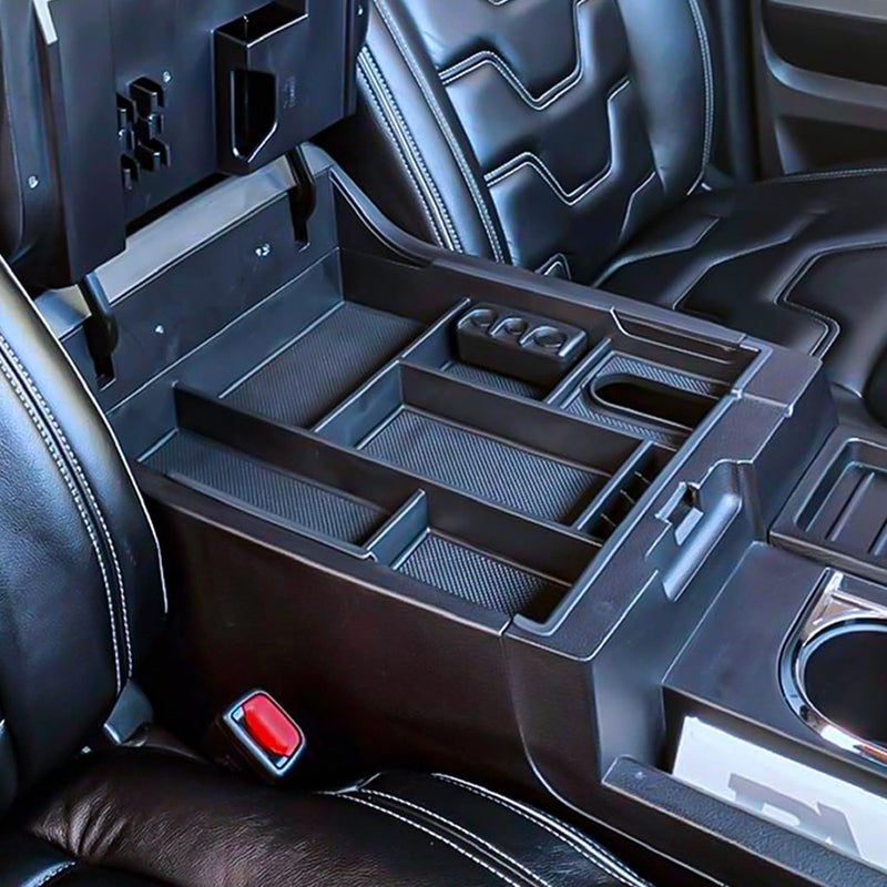 TACOBRO Center Console Organizer Compatible with 2014-2017 2018 2019 2020 2021 Tundra Accessories, Crewmax Interior Armrest Underseat Storage Box- Full-coverage Insert Tray, Black Trim - Image 1