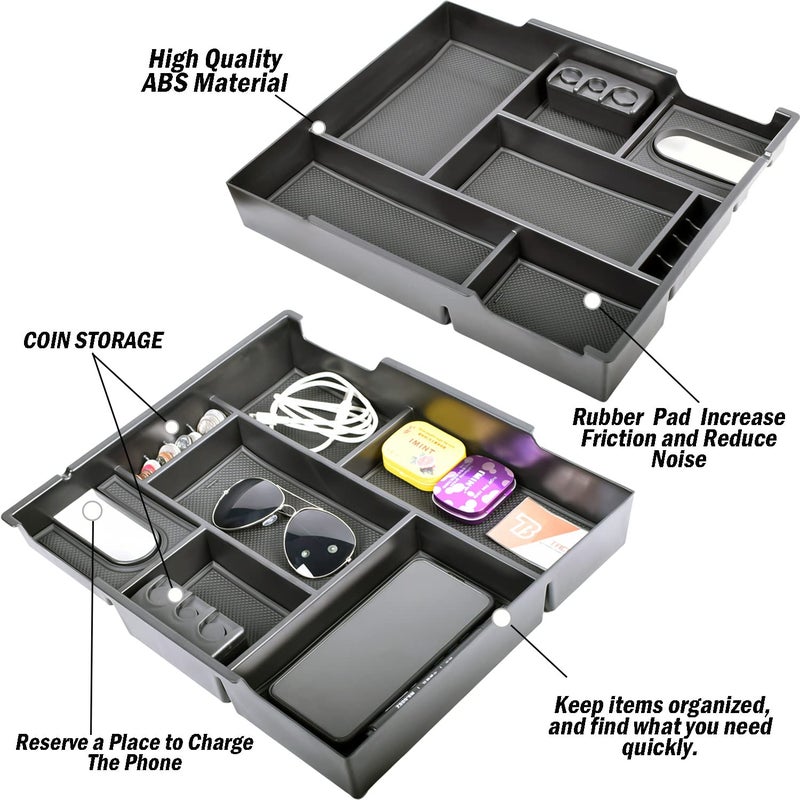 TACOBRO Center Console Organizer Compatible with 2014-2017 2018 2019 2020 2021 Tundra Accessories, Crewmax Interior Armrest Underseat Storage Box- Full-coverage Insert Tray, Black Trim - Image 2