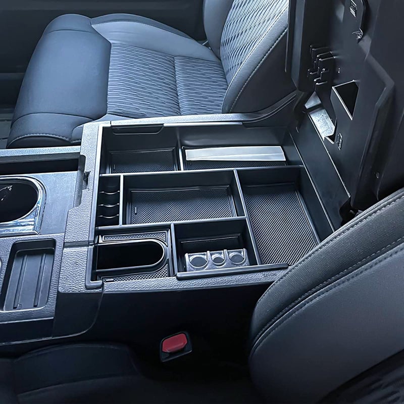 TACOBRO Center Console Organizer Compatible with 2014-2017 2018 2019 2020 2021 Tundra Accessories, Crewmax Interior Armrest Underseat Storage Box- Full-coverage Insert Tray, Black Trim - Image 3