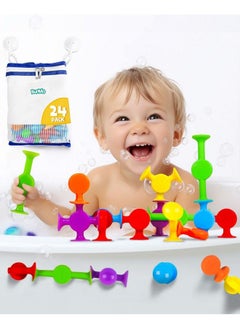BUNMO Suction Bath Toys 24Pcs ; Connect Build Create ; No Mold Bath Toy ; Hours Of Fun & Creativity ; Stimulating & Addictive Sensory Suction Toy ; No Hole Bath Toy ; Mold Free Bath Toys  - Image 1