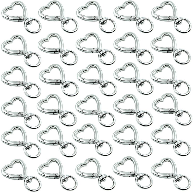 HAN SHENG 30 Pcs Heart Keychain Set with Spring Snap Hook - Valentine's Day Gift for Her, DIY Key Rings for Keys Backpack Luggage Tag Bulk Charms Accessories (Silver)