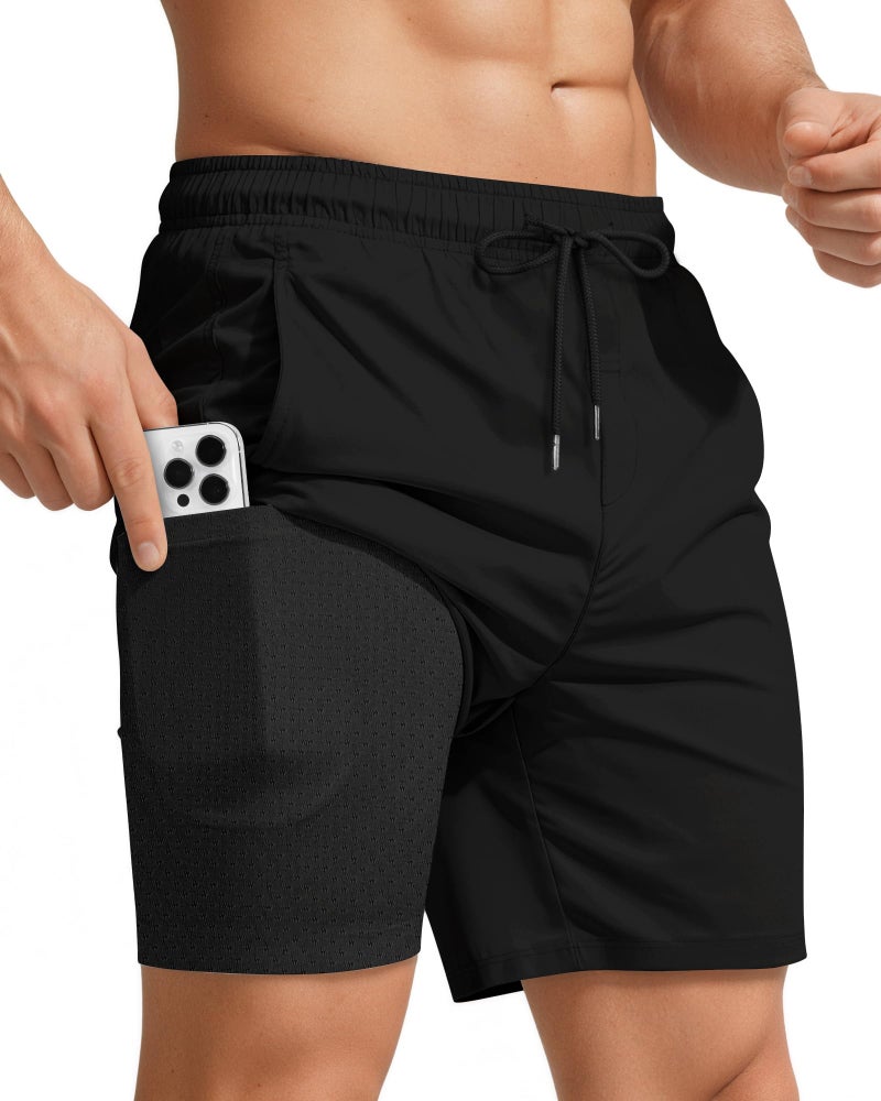Yufawow 7 Inch 7in Men Swim Trunks Compression Liner Quick Dry Drawstring Male Swimwear Swimsuit Swimtrunks Boardshorts Bathing Suit Fair Beach Water Shorts Zipper Mesh Pocket Lined Inseam Harbor Black - Image 1