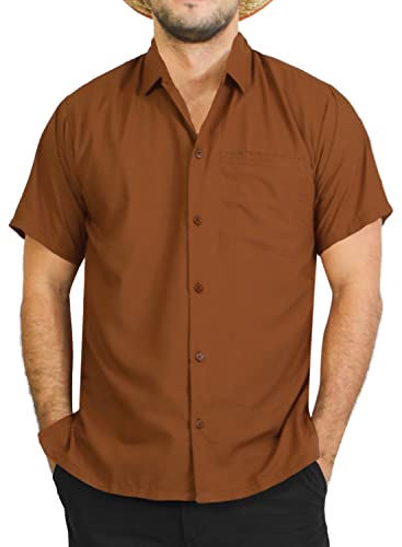 LA LEELA Mens Short Sleeve Button Down Solid Shirt Casual Camp Vacation Shirts for Men Summer Beach Collar Business Work Shirt Tees with Pocket L Brown Plain - Image 1