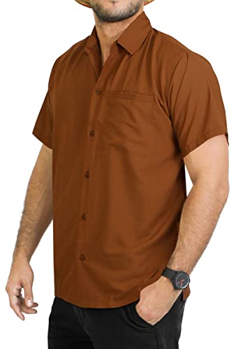 LA LEELA Mens Short Sleeve Button Down Solid Shirt Casual Camp Vacation Shirts for Men Summer Beach Collar Business Work Shirt Tees with Pocket L Brown Plain - Image 3