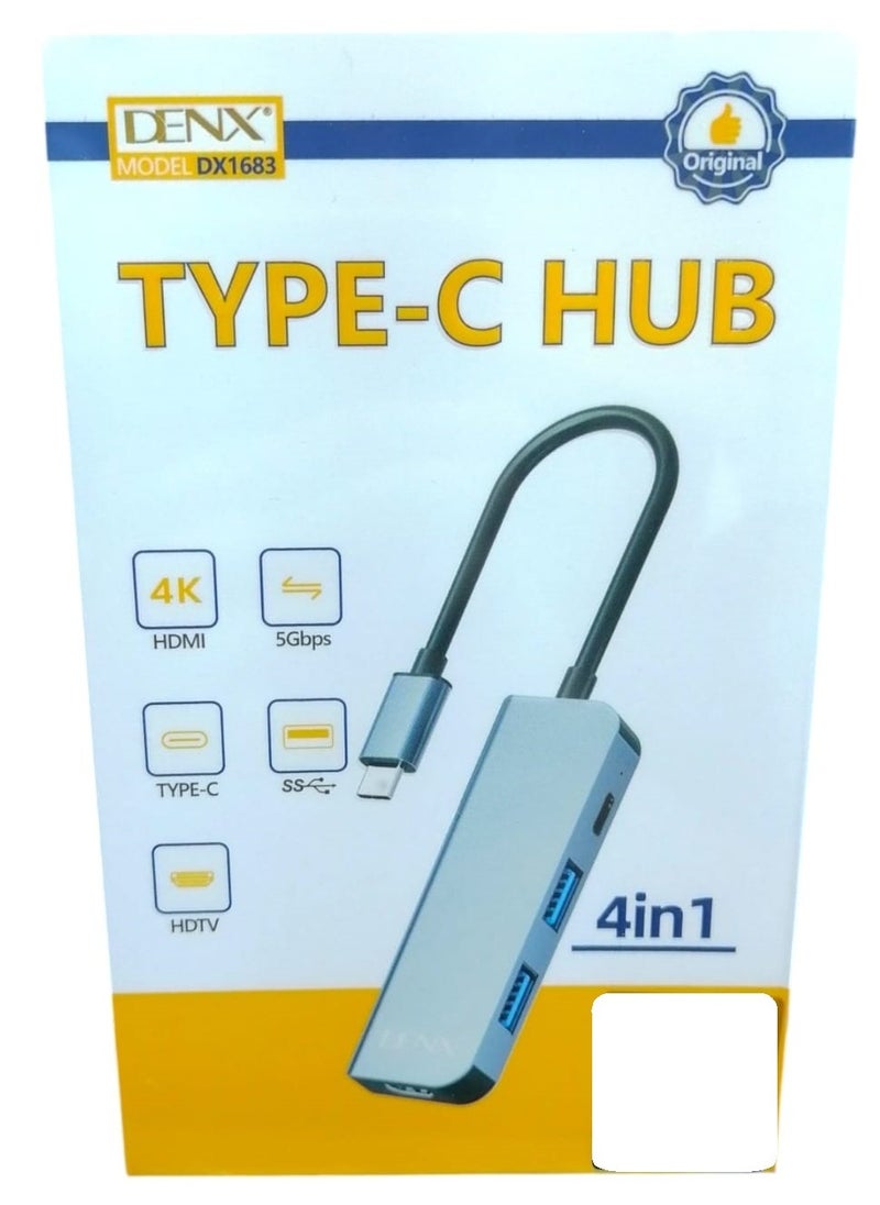4In1 Type-C Hub To HDTV With 2 USB A 5Gbps And 1 TypeC PD 20V/5A Data Transfer Ports Fast Charging HDMI High-Resolution 4K Silver