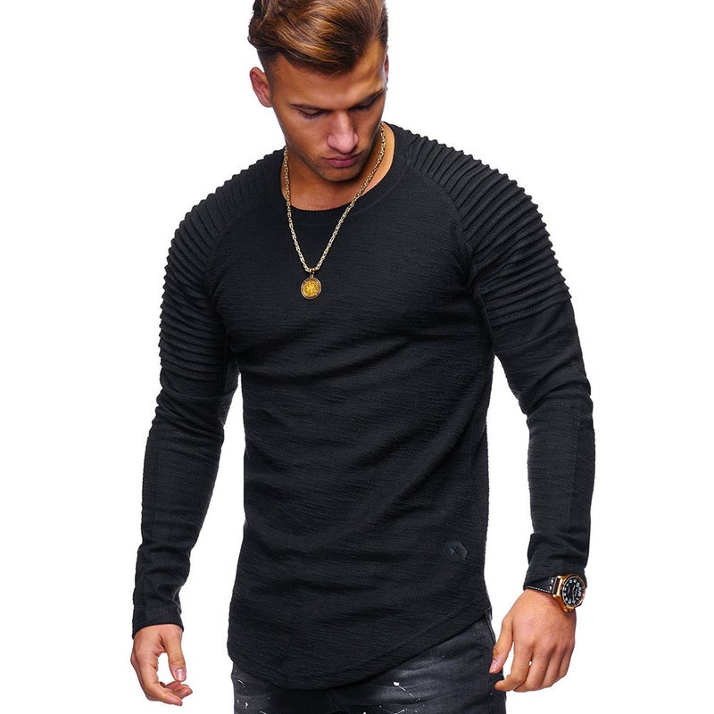Men'S T-Shirt Solid Color Slim-Fit Round Neck Men'S Long-Sleeved T-Shirt Pleated Raglan Sleeve Sports T-Shirt - Image 1