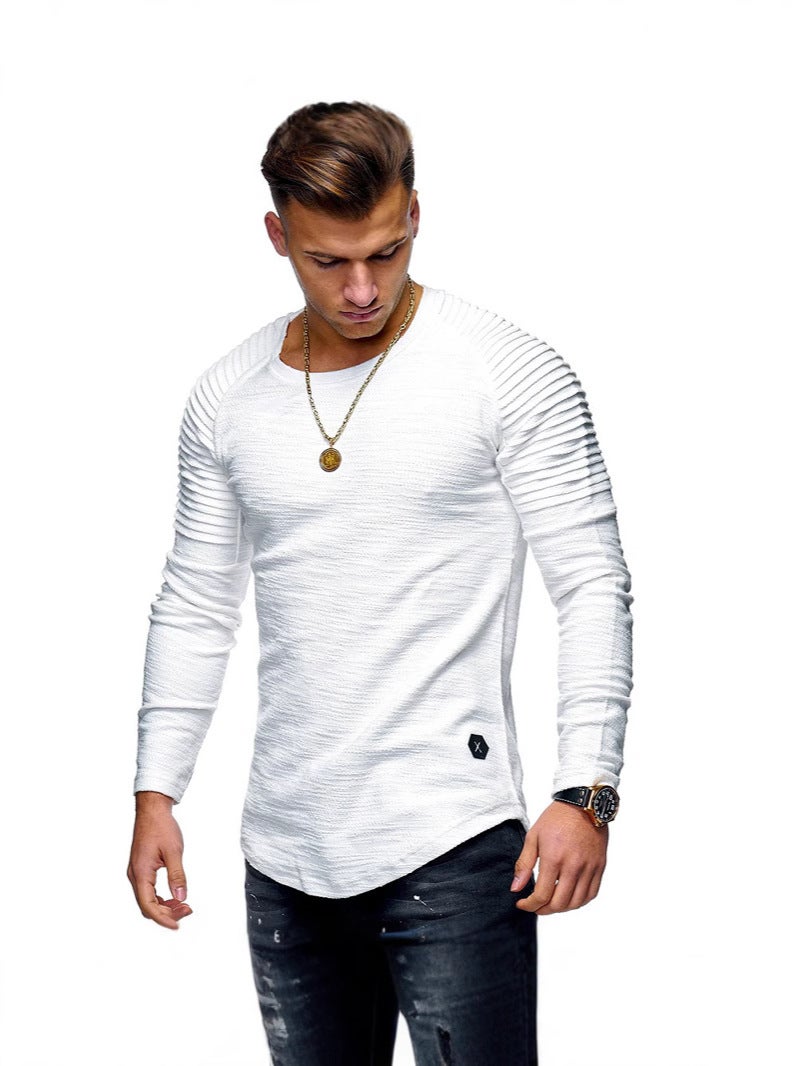 Men'S T-Shirt Solid Color Slim-Fit Round Neck Men'S Long-Sleeved T-Shirt Pleated Raglan Sleeve Sports T-Shirt - Image 3