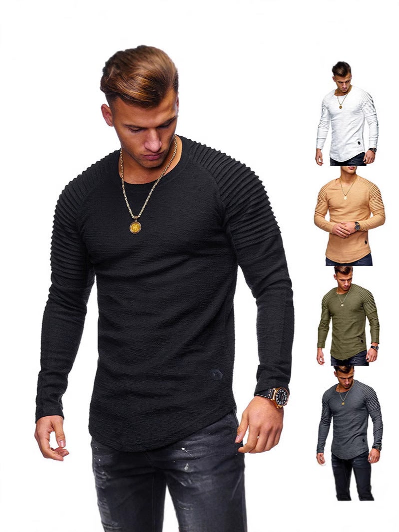 Men'S T-Shirt Solid Color Slim-Fit Round Neck Men'S Long-Sleeved T-Shirt Pleated Raglan Sleeve Sports T-Shirt - Image 2