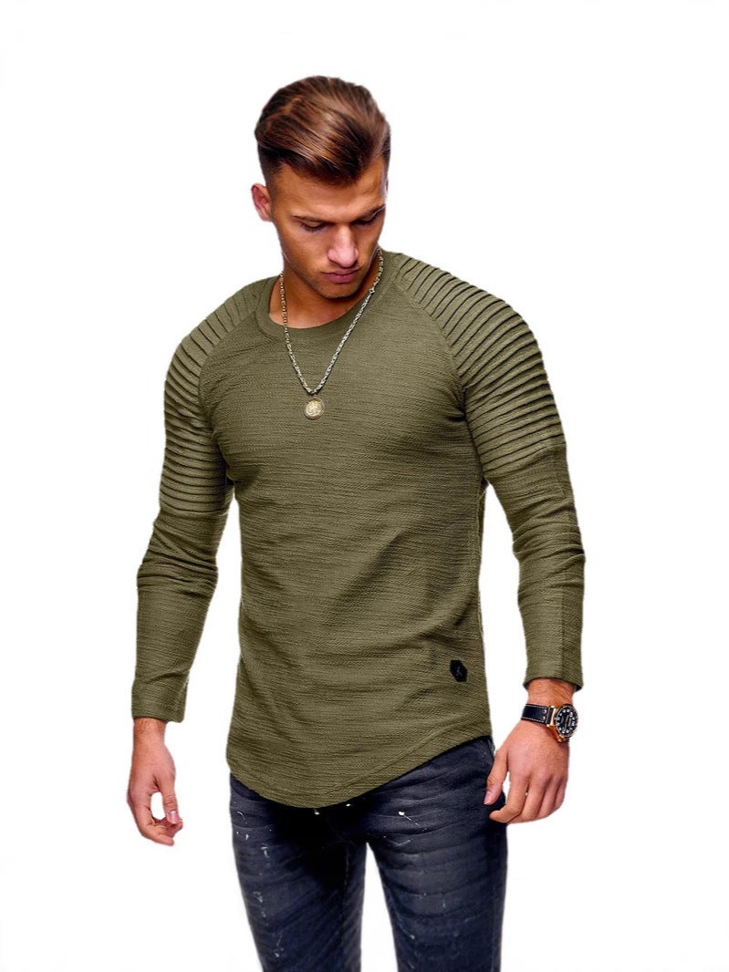 Men'S T-Shirt Solid Color Slim-Fit Round Neck Men'S Long-Sleeved T-Shirt Pleated Raglan Sleeve Sports T-Shirt - Image 5