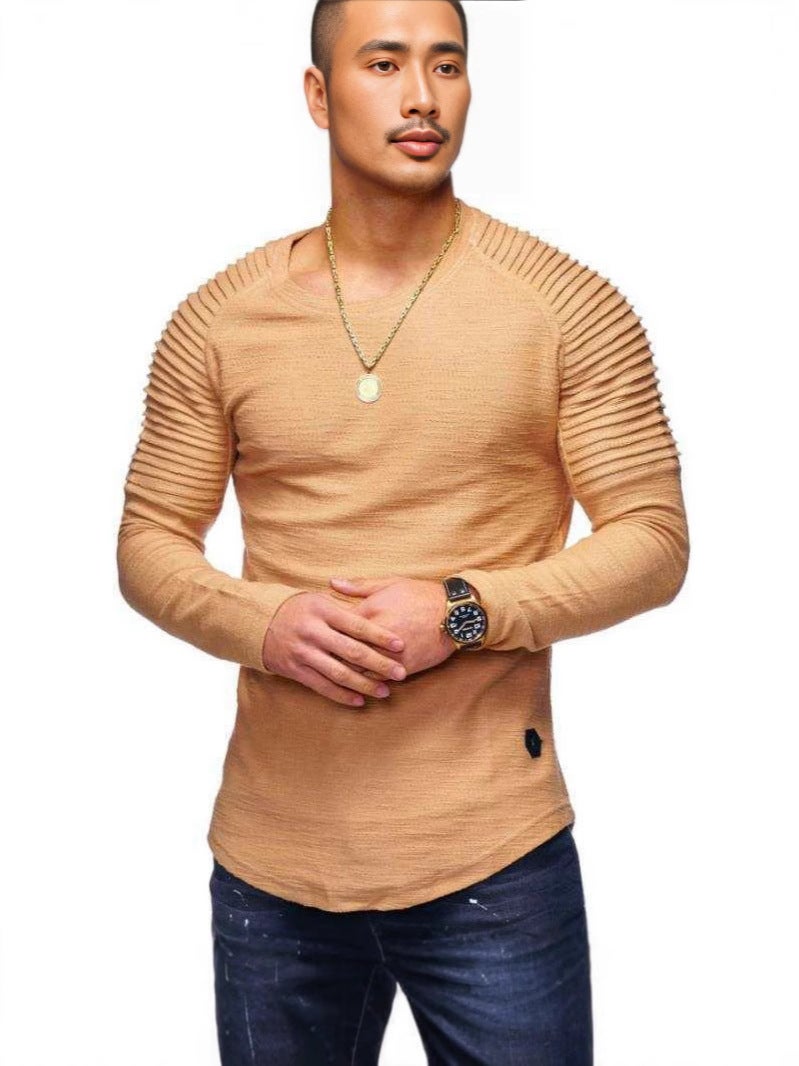 Men'S T-Shirt Solid Color Slim-Fit Round Neck Men'S Long-Sleeved T-Shirt Pleated Raglan Sleeve Sports T-Shirt - Image 4