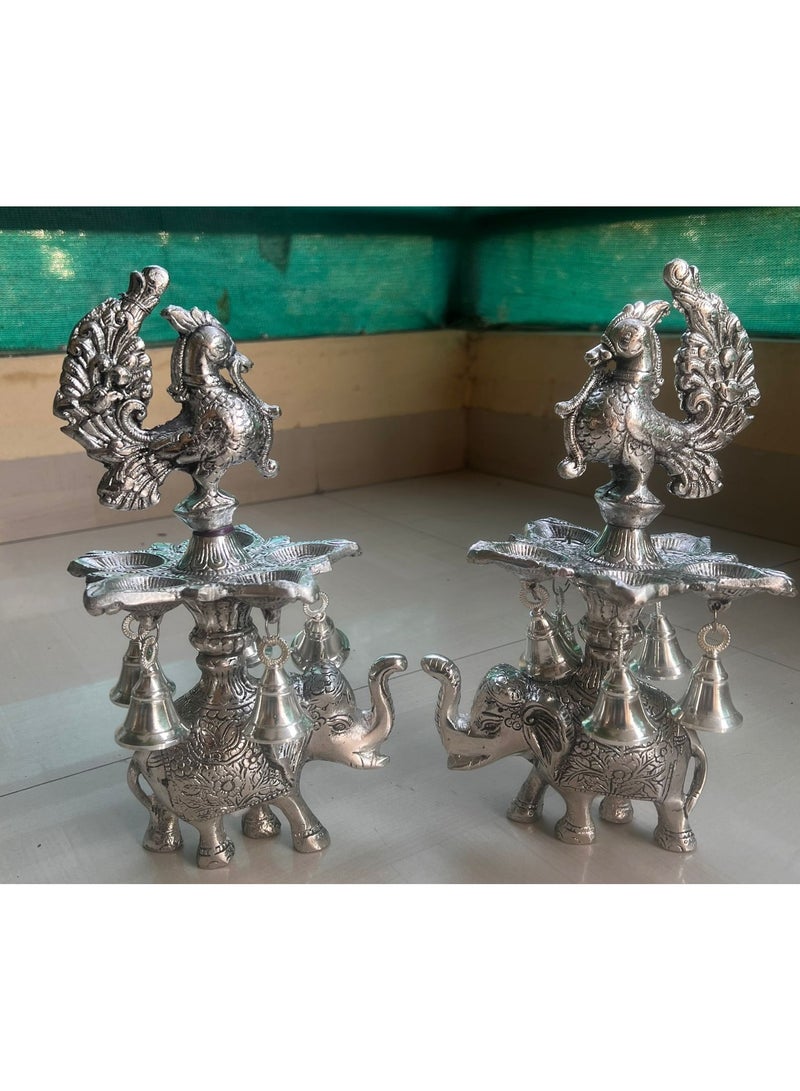 German Silver Peacock Samai Pair Diya Stand with Elephant Base Plate for Decoration .size is 12 inches.
