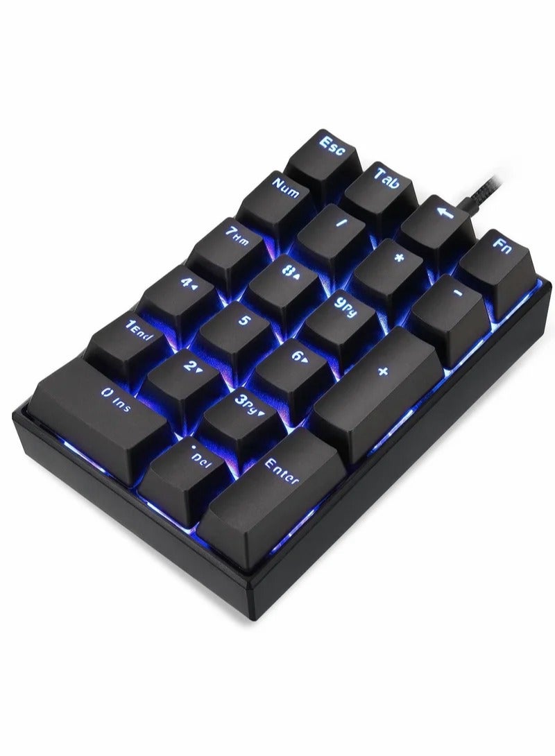 Rock Pow Number Pad Mechanical USB Wired Numeric Keypad with Blue LED Backlit 21 Key Numpad for Laptop Desktop Computer PC Black (Red Switches)