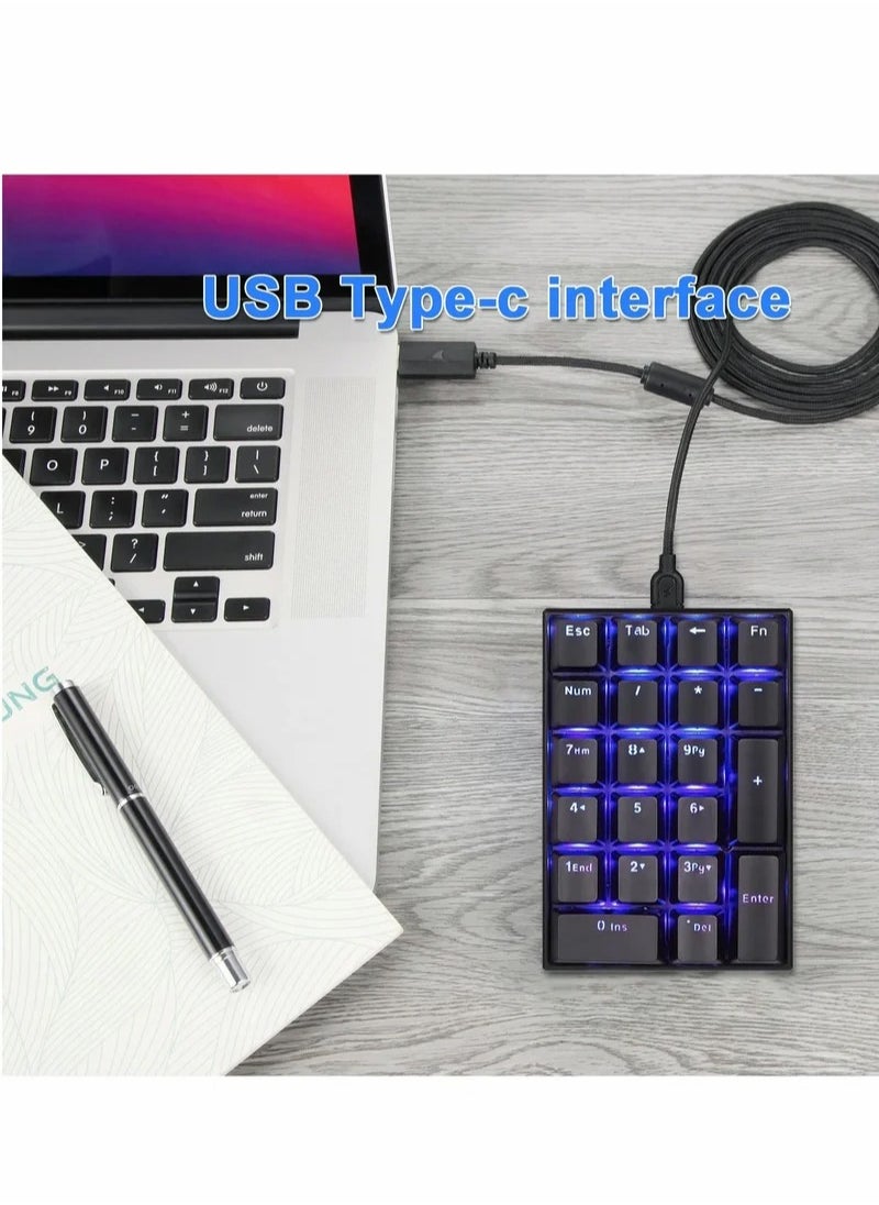 روك بو - لوحة أرقام ميكانيكية USB سلكية لوحة مفاتيح رقمية مع إضاءة خلفية LED زرقاء 21 مفتاحًا Numpad لأجهزة الكمبيوتر المحمول والكمبيوتر المكتبي والكمبيوتر الشخصي باللون الأسود (مفاتيح زرقاء) - Image 1
