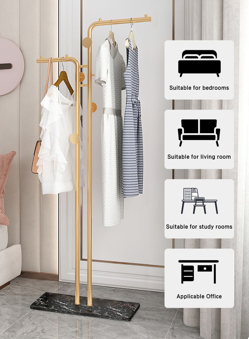 LEOKOR Double-pole Coat Rack, Modern Metal Coat Racks with 5 Hooks and Durable Slate Base, Freestanding Coat Hanger Stand for Bedroom, Office, Hallway, Entryway, Living Room, Gold/Black - Image 2