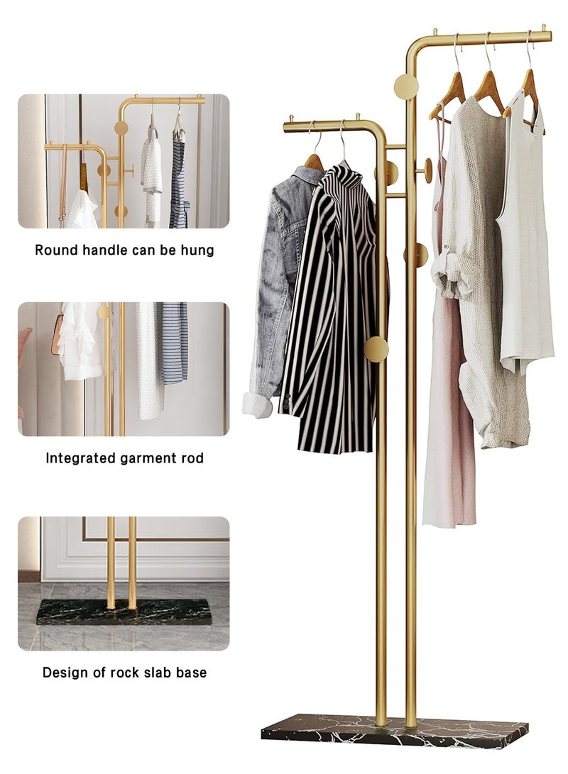 LEOKOR Double-pole Coat Rack, Modern Metal Coat Racks with 5 Hooks and Durable Slate Base, Freestanding Coat Hanger Stand for Bedroom, Office, Hallway, Entryway, Living Room, Gold/Black - Image 5