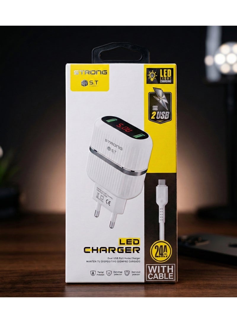 سترونج شاحن ايفون بلمبة LED وشاشة فولت 2.4A + كابل Lightning، شحن سريع مدخلين USB، ابيض - Image 1