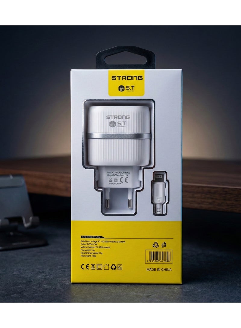 سترونج شاحن ايفون بلمبة LED وشاشة فولت 2.4A + كابل Lightning، شحن سريع مدخلين USB، ابيض - Image 2