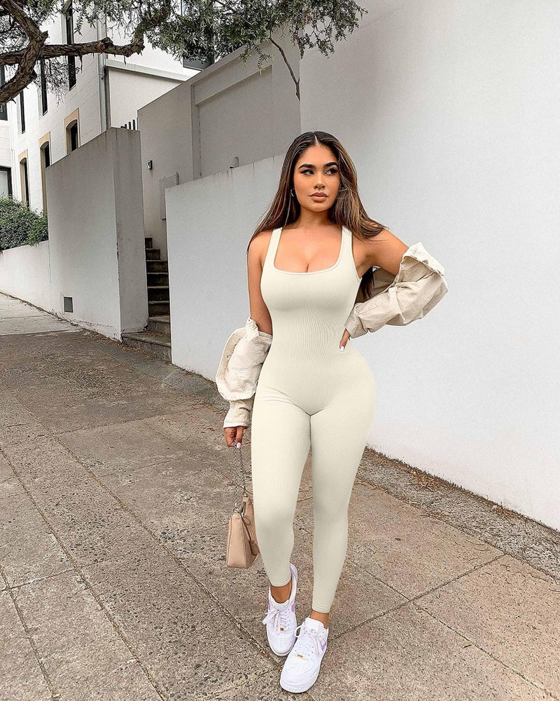 YIOIOIO Women Workout Seamless Jumpsuit Yoga Ribbed Bodycon One Piece Square Neck Leggings Romper - Image 2