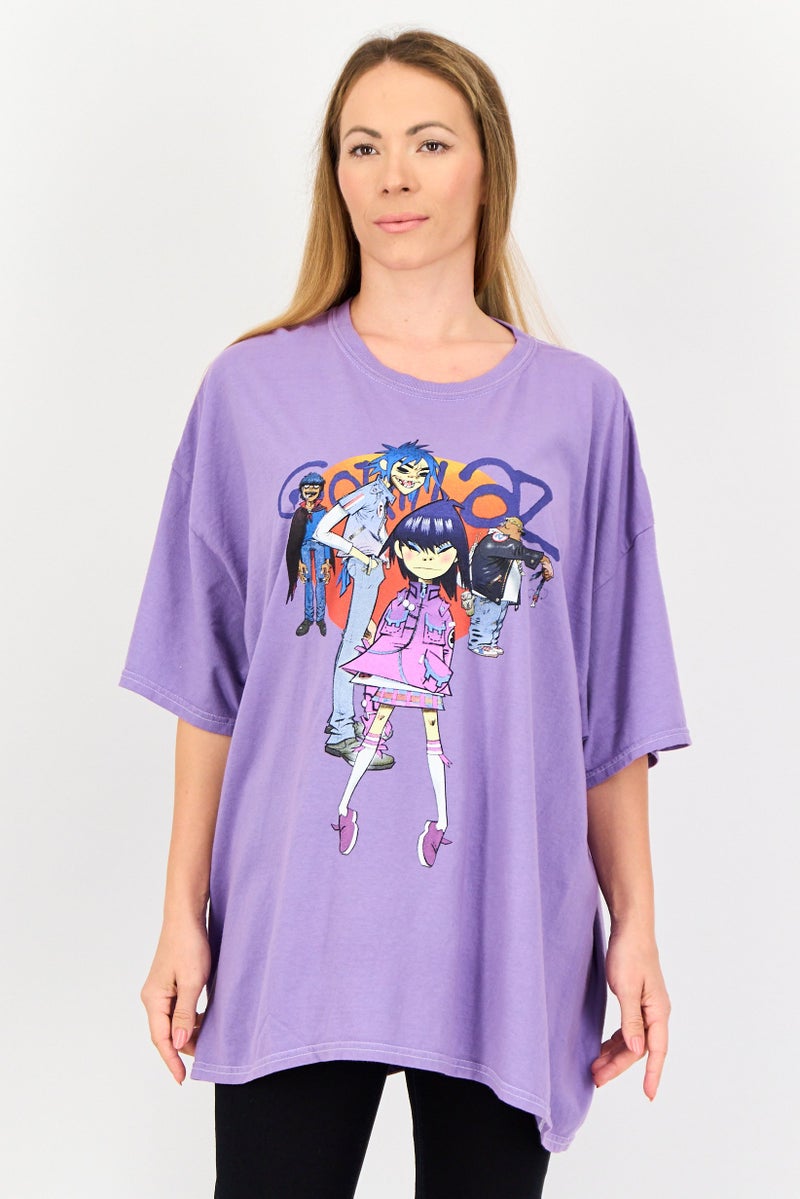 FOREVER 21 Women Crew Neck Short Sleeves Gorillaz T-Shirt, Purple - Image 1