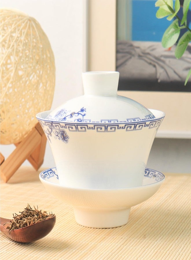 SILINE Porcelain 12 Oz/ 360ml Large Gaiwan Tea Bowl Set,Fine Bone China Teacup for Brew Kung Fu Tea (White Blue) - Image 2