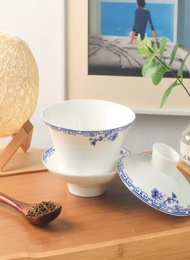 SILINE Porcelain 12 Oz/ 360ml Large Gaiwan Tea Bowl Set,Fine Bone China Teacup for Brew Kung Fu Tea (White Blue) - Image 3