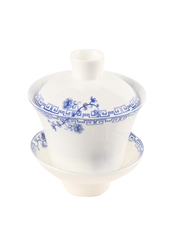 SILINE Porcelain 12 Oz/ 360ml Large Gaiwan Tea Bowl Set,Fine Bone China Teacup for Brew Kung Fu Tea (White Blue) - Image 1