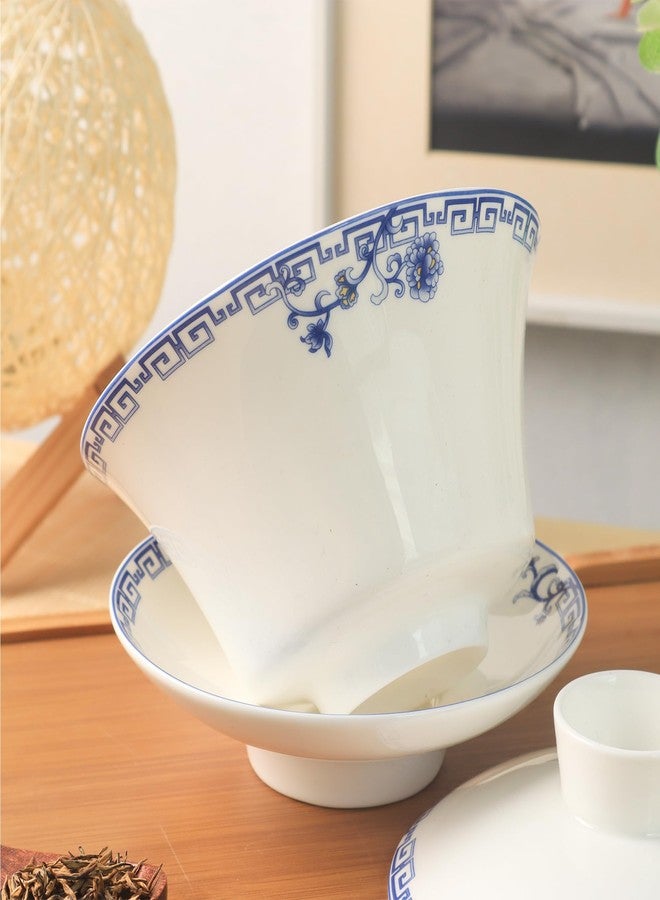 SILINE Porcelain 12 Oz/ 360ml Large Gaiwan Tea Bowl Set,Fine Bone China Teacup for Brew Kung Fu Tea (White Blue) - Image 4