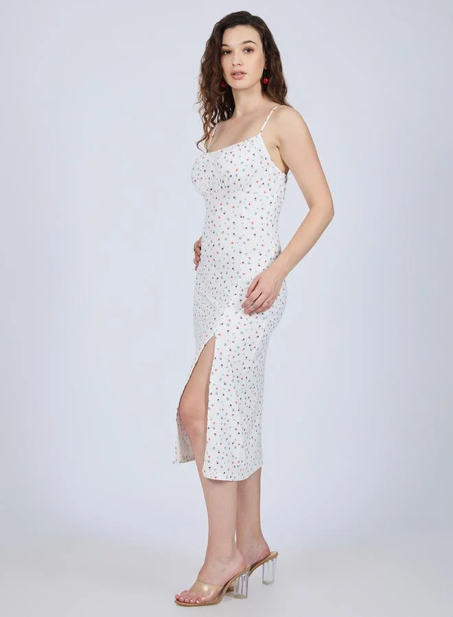 Outzidr  White Strappy Ditsy Print Midi Dress With Slit for Women | Best Price UAE