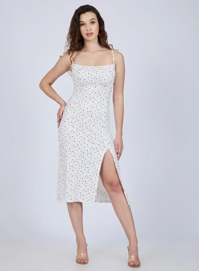 Outzidr  White Strappy Ditsy Print Midi Dress With Slit for Women | Best Price UAE