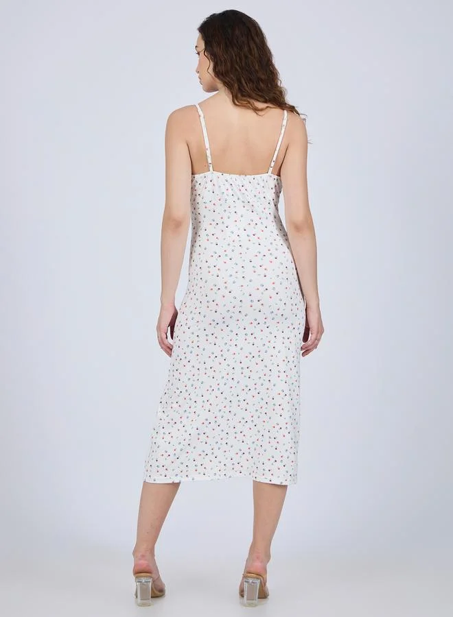 Outzidr  White Strappy Ditsy Print Midi Dress With Slit for Women | Best Price UAE