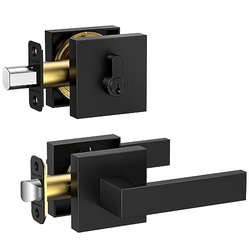 TICONN Matte Black Door Handle Heavy Duty, Reversible Square Door Lever for Bedroom, Bathroom, Rooms (Deadbolt with Passage Lever, 1 Pack) - Image 1